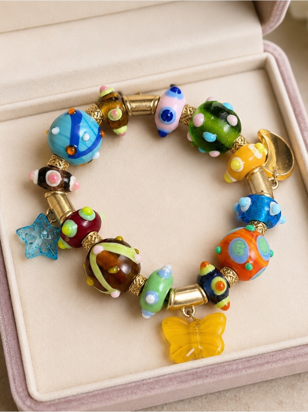 Venetian Beaded Bracelet with Butterfly Charm from Venice.